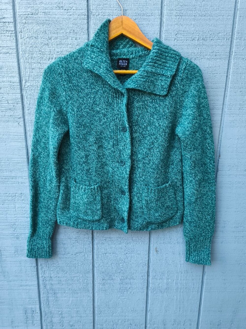 y2k Eileen Fisher Angora Cashmere Wool Chunky Button Down Sweater sz PS Teal